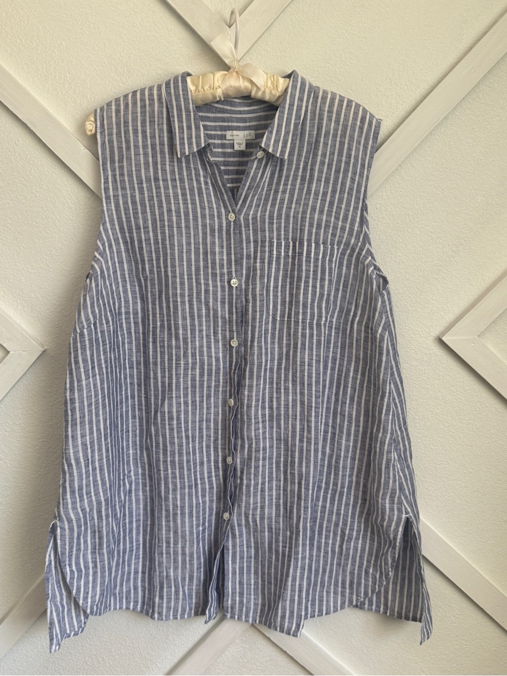 J. Jill Blue Striped 100% Linen Sleeveless Button Up Blouse XL Coastal Beach